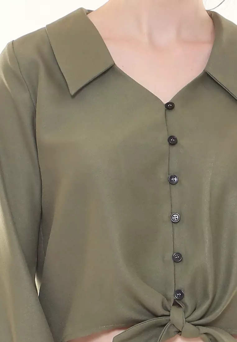 Evelyn Top Button Ribbon Tied up in Olive Green