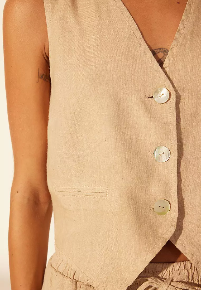 Beige 100% Linen Fitted Vest Twoss24Ye00040
