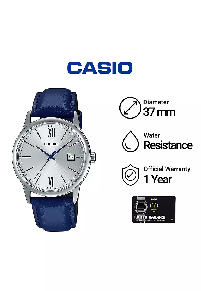 Casio Jam Tangan Analog Pria Silver Case Blue Leather Strap - MTP-V002L-2B3