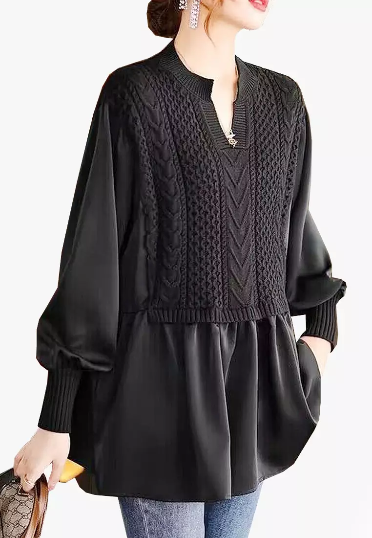 VANSA Stylish Paneled Knit Long Sleeve Shirt VCW-Bs624437