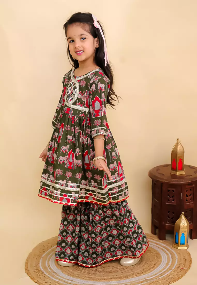 The Mom Store Girls Madhu Mala Anarkali Kurta Sharara Set - Green