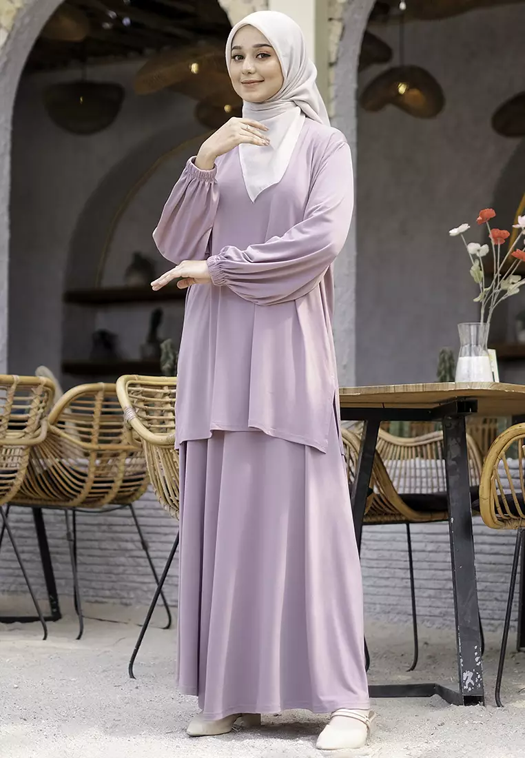 JV Hasanah Oneset Skirt Jersey Baju Kurung Lilac - Setelan Rok Jersey Baju Kurung Jumbo
