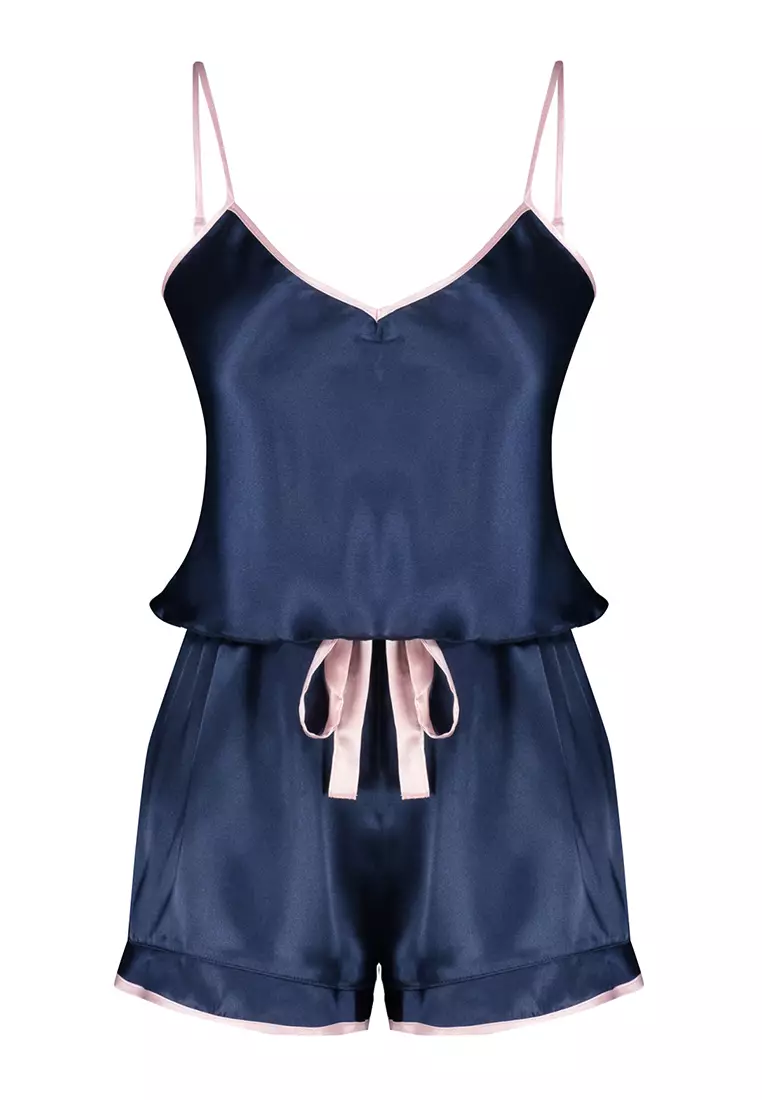 Piping and Tie Detailed Satin Pajama Set