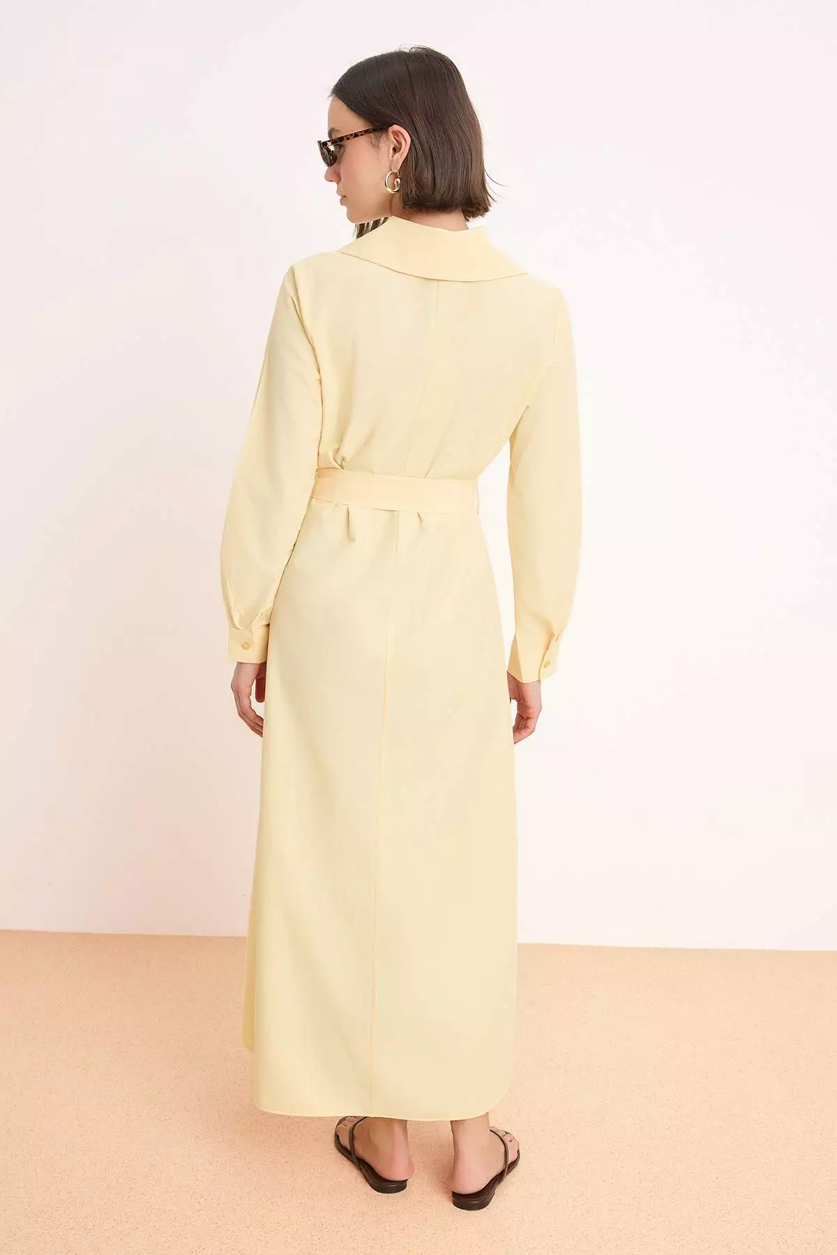 Light Yellow Belted Unlined Plain Woven Terrycotton Hijab Dress Tctss26Eb00098