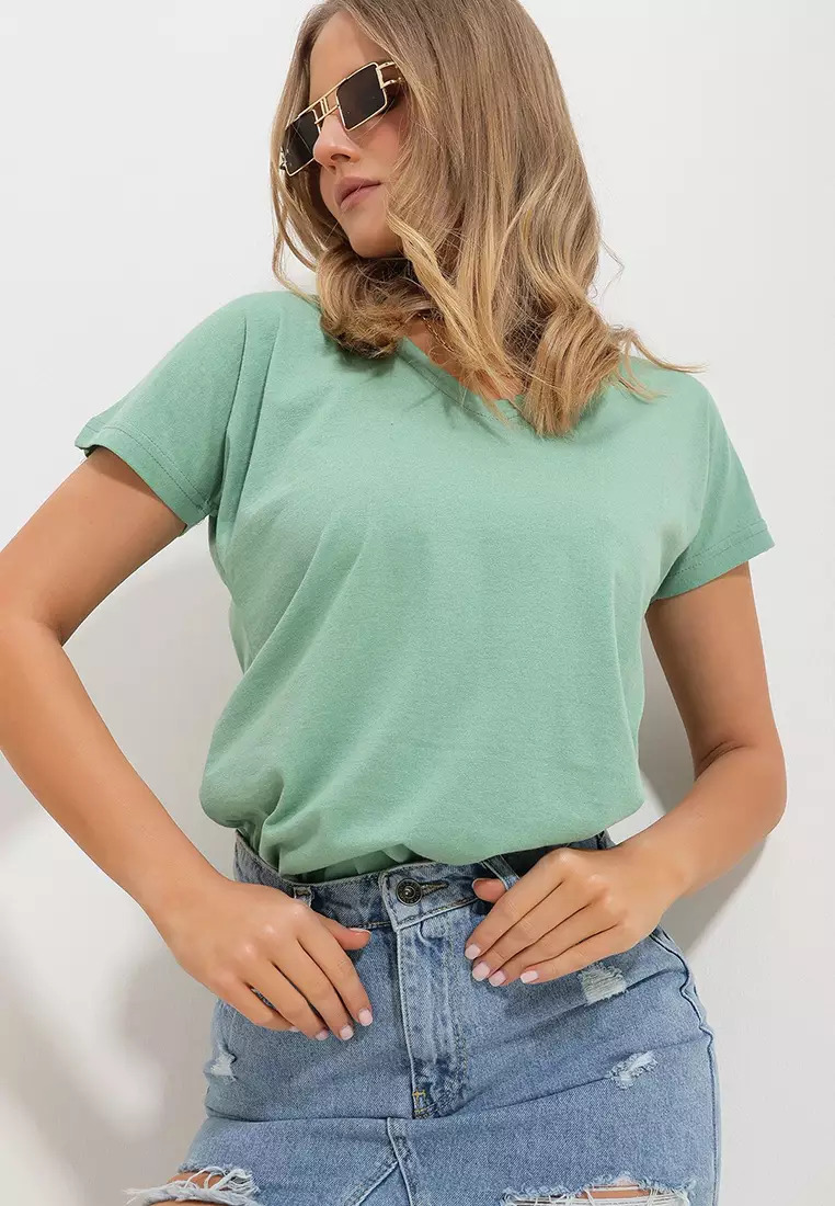 Women's Almond Green V-Neck Basic T-Shirt