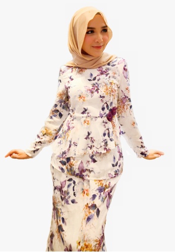 Buy Peplum Organza Printed Kurung from Zoe Arissa in White and Purple and Multi only 139