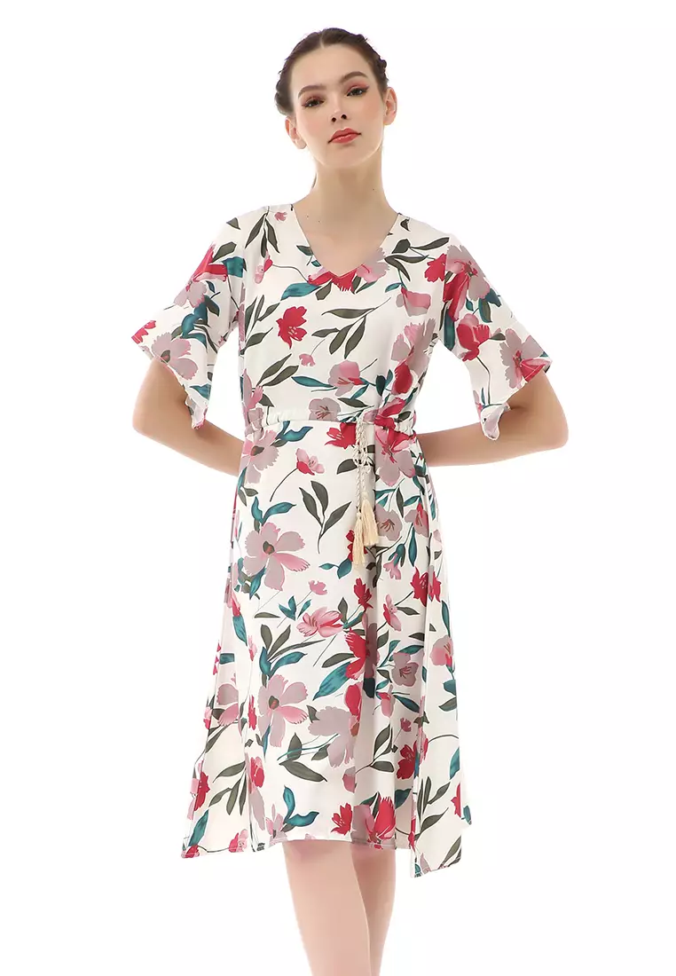 Rachel Midi Dress Wanita Karet Pinggang Short Sleeve Floral Motif Material Polyester ORIGINAL - White