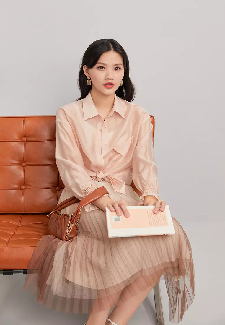 Cropped Button Blouse with Waist Tie