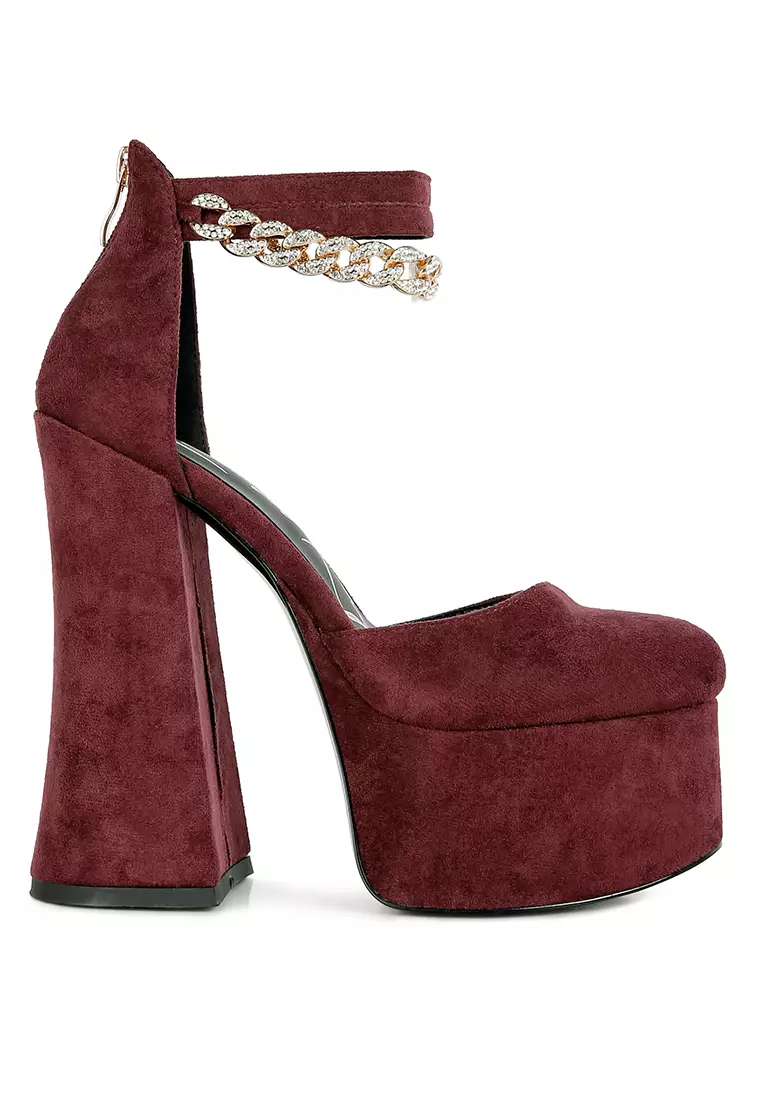 Discount on London Rag  shoes - SKU: Block Platform Sandal With Metal Chain In Burgundy