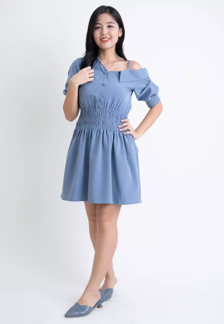 SIDE SHOULDER WITH ELASTICITY WAISTBAND DRESS