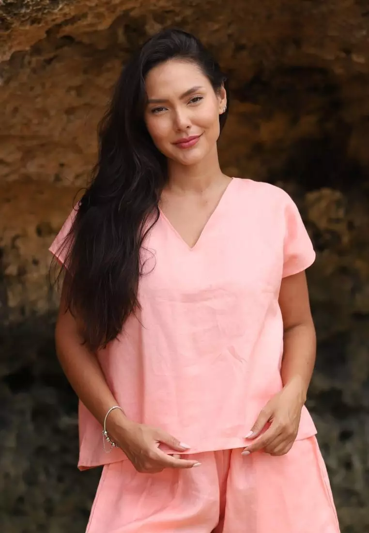 Lona Blouse Linen Wanita Salem | Linen Blouse Women Peach