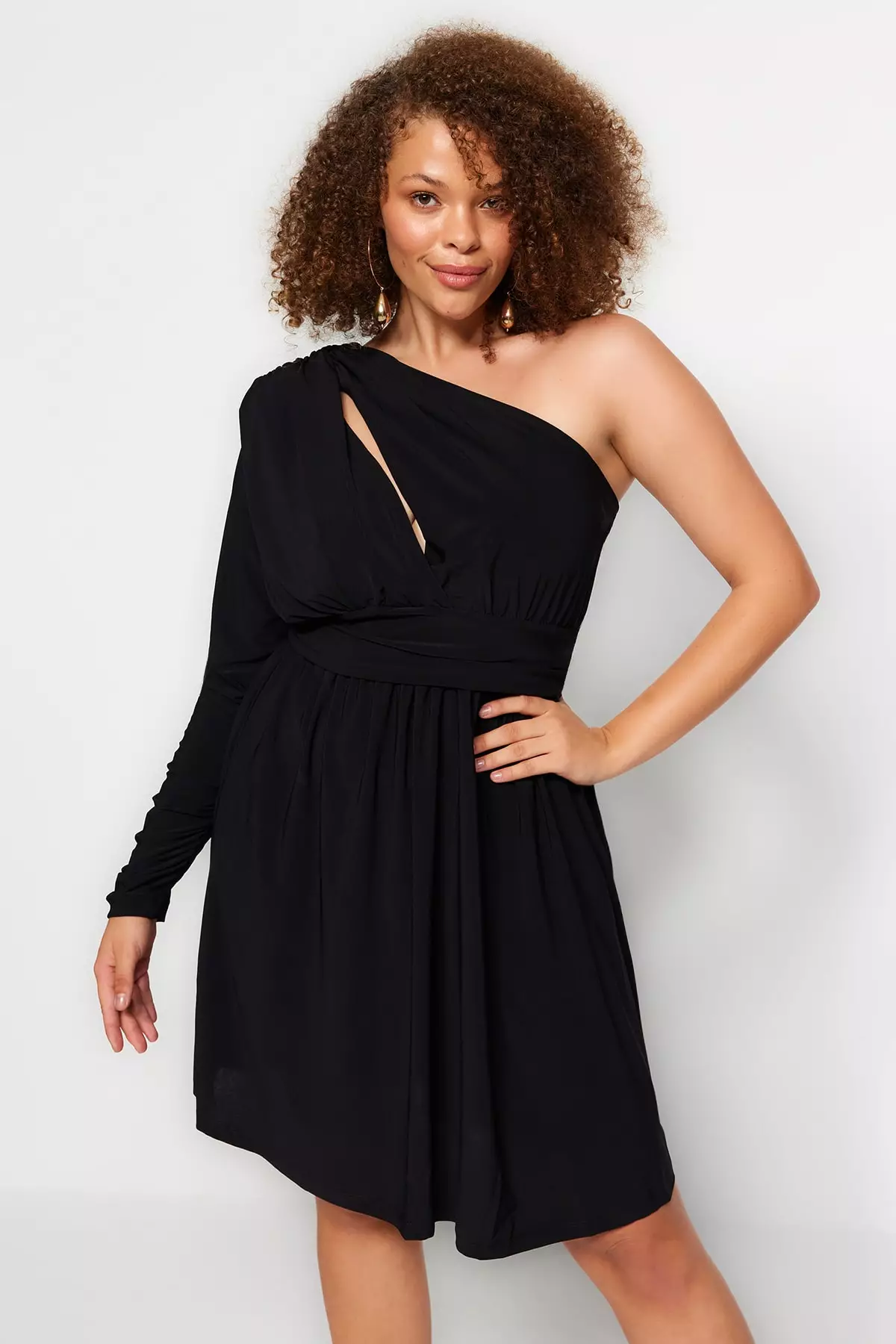 Black knitted one shoulder dress cheap
