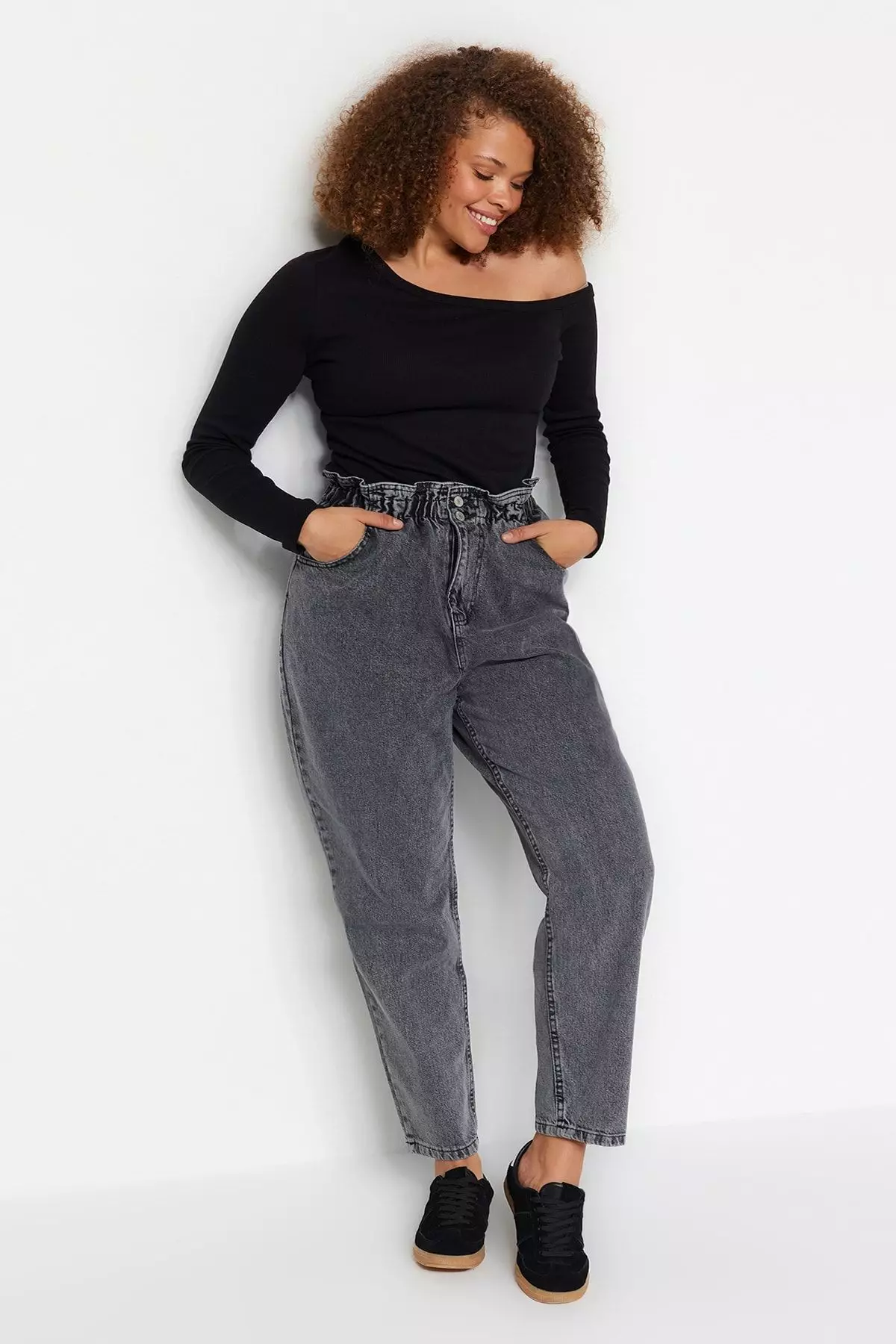 Gray High Waist Elastic Waist Mom Jeans TBBAW23JE00002