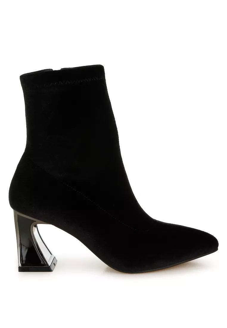 London Rag Black Flared Block Heel Velvet Boots