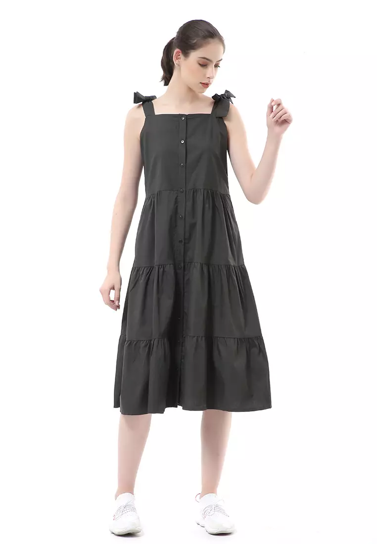 Rachel Dress Ruffle Wanita Tanpa Lengan Full Kancing Stylish Material Cotton ORIGINAL - Dark Green
