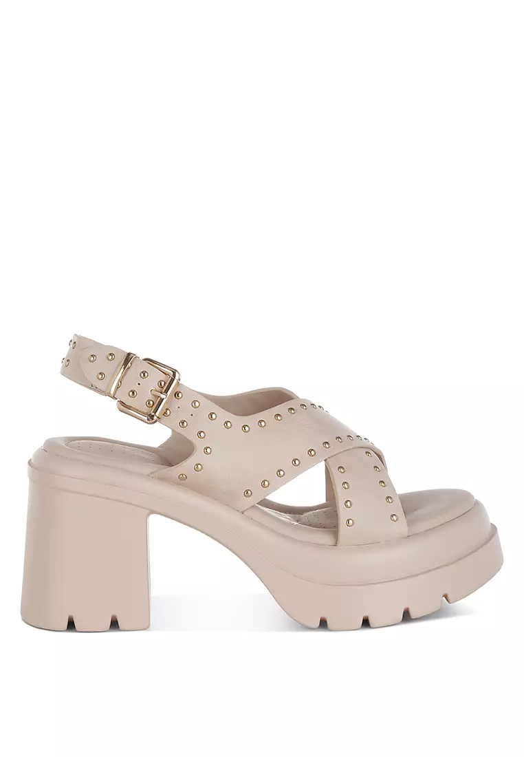 London Rag Stud Embellished Block Heel Sandals in Beige