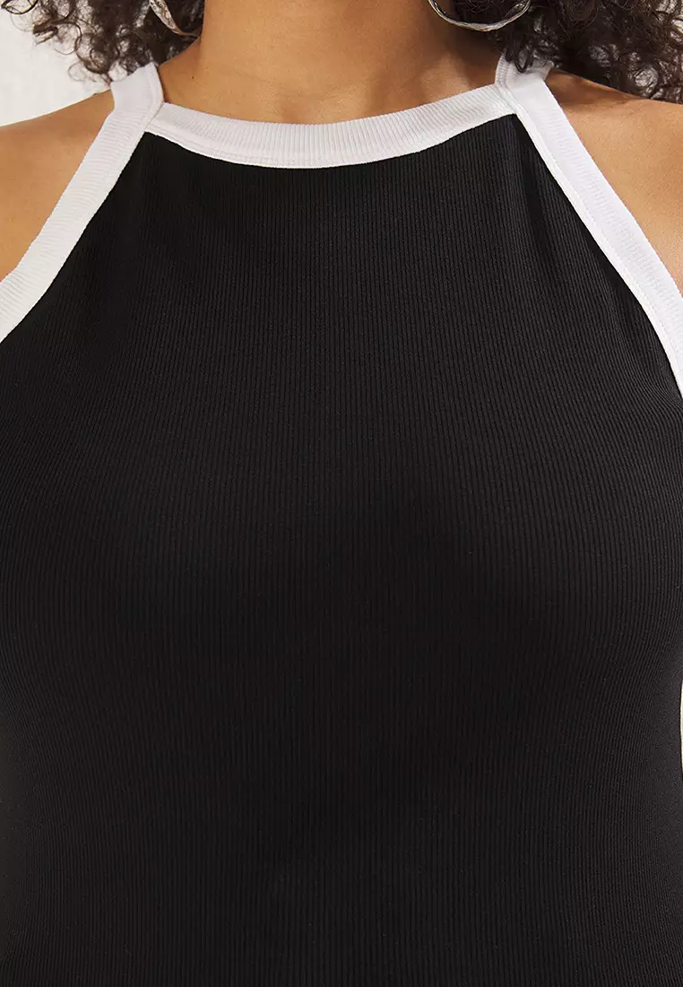 Black Halter Neck Contrast Detail Knit Big Size Athlete TBBSS25CV00004