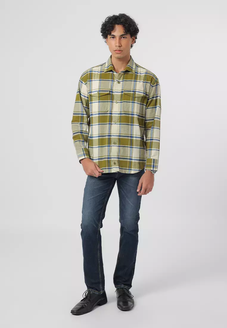 MELVINS - GREEN Kemeja Flannel Pria Motif Kotak-Kotak Lengan Panjang Relaxed Fit