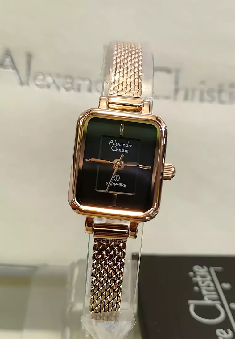 Alexandre Christie Sapphire Glass Jam Tangan Analog Wanita Black Dial Mesh Stainless Steel Band - 2B38LHBRGBA