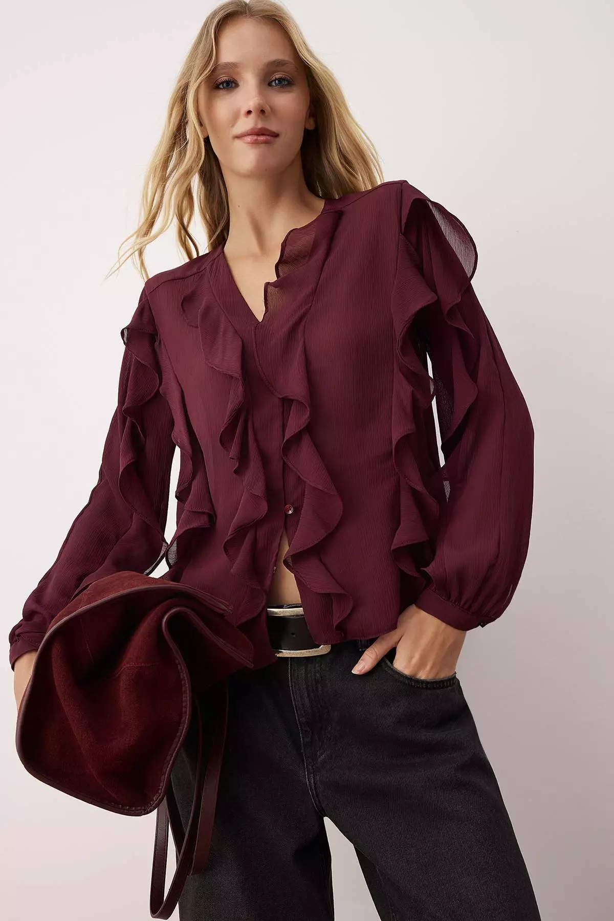 Burgundy Flounced Boho Semi-Transparent Shirt Twoaw26Go45