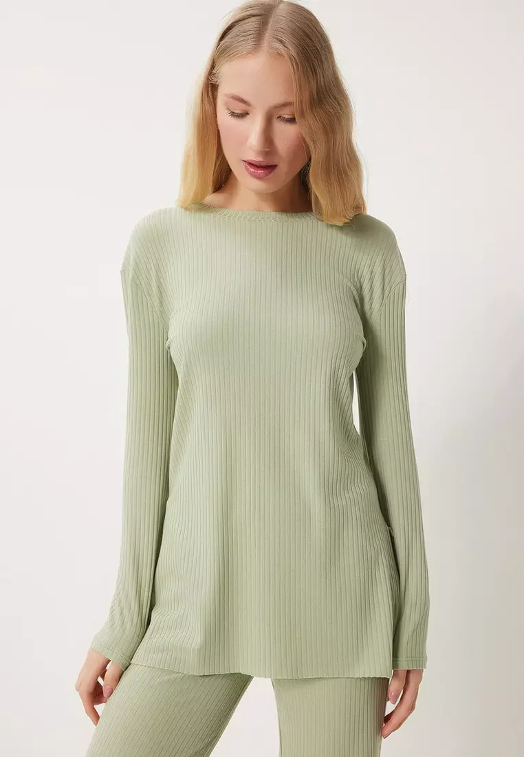 Comfortable Ribbed Knitted Blouse Trousers Set