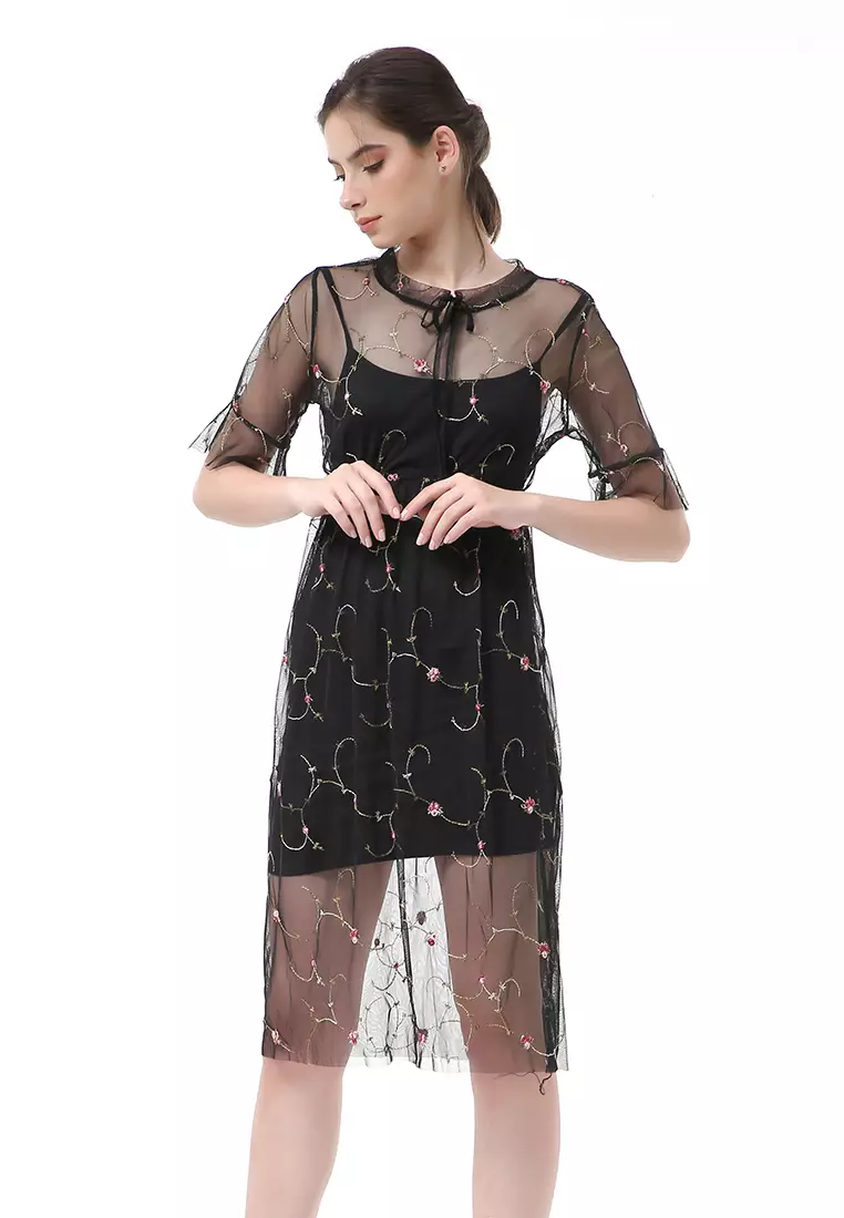 Rachel Midi Dress Wanita Lengan Pendek Koreaan Style Material Brukat ORIGINAL - Black