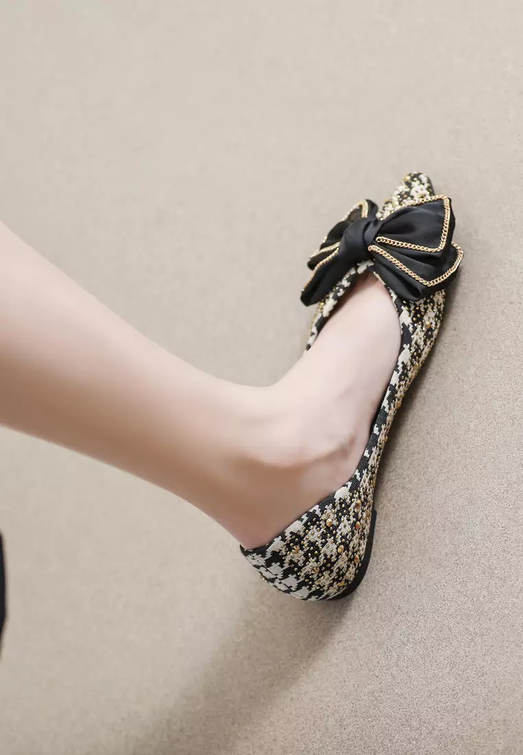 Bow Pointy Tweed Flat Shoes WW377-19