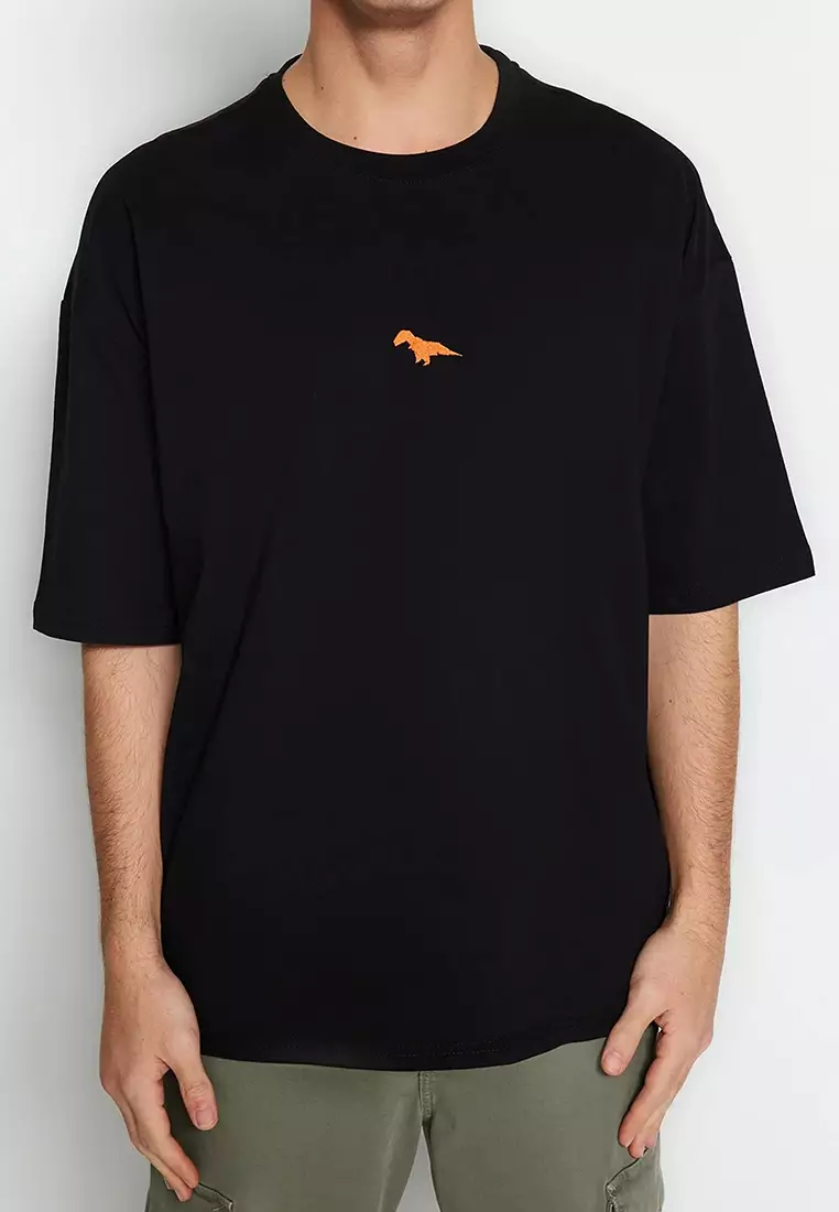 Crew Neck Short Sleeve Dinosaur Embroidered T-Shirt