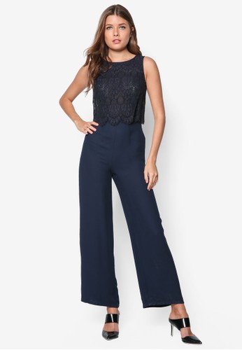 zalora時尚購物網的koumi koumi蕾絲層次連身長褲, 服飾, 服飾
