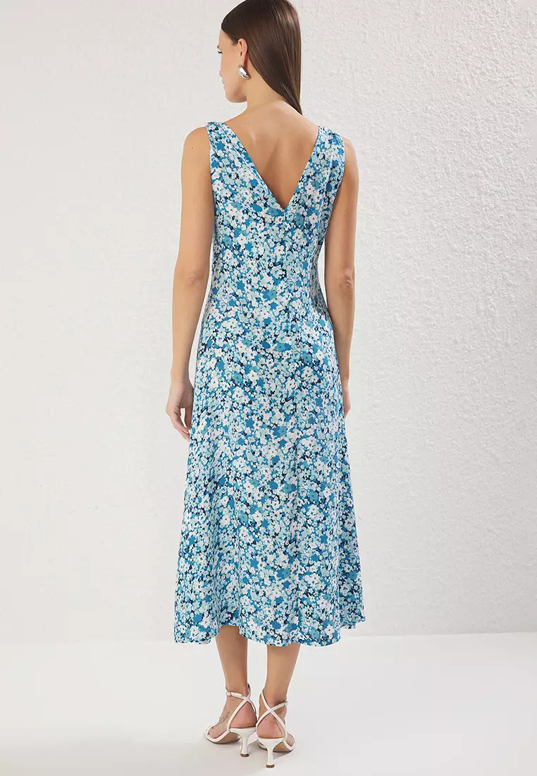 Blue Floral A-Line Midi Woven Dress TWOSS25EL00403