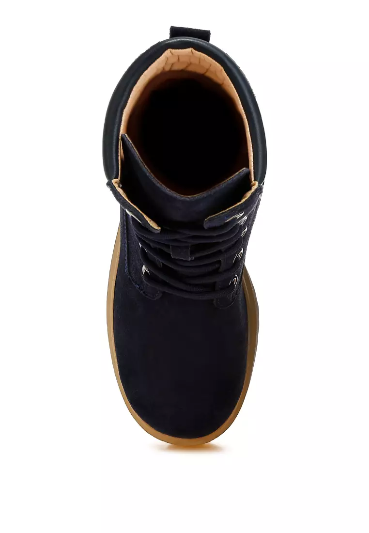 Sepatu Bot Suede Asli Pergelangan Kaki Tinggi Warna Navy
