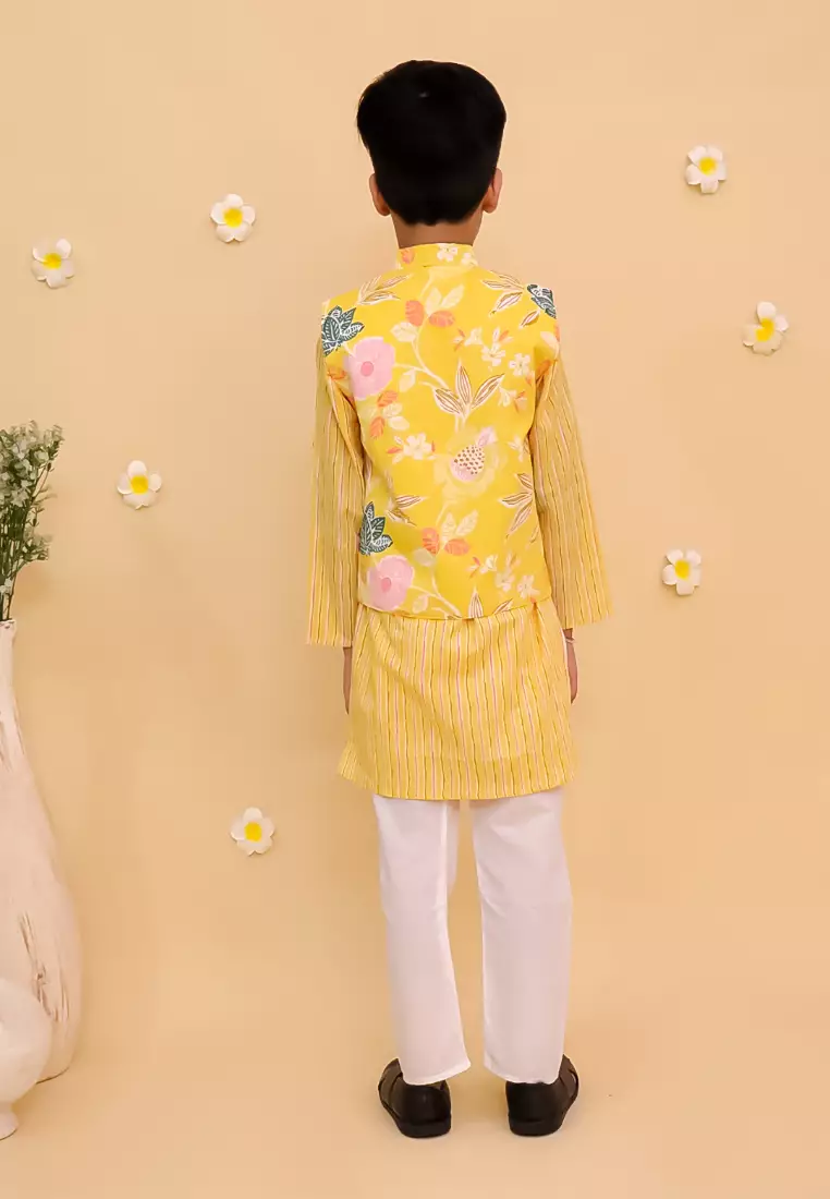 The Mom Store Ray of Style Boys Floral Print Jacket And Kurta Pajama Set - Multi