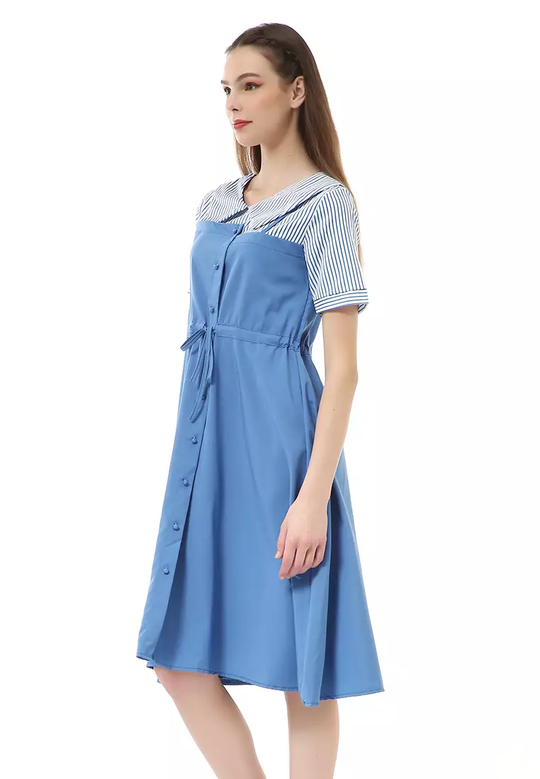 Rachel Midi Dress Wanita Lengan Pendek Vintage Design Tali Pinggang Material Cotton ORIGINAL - Blue