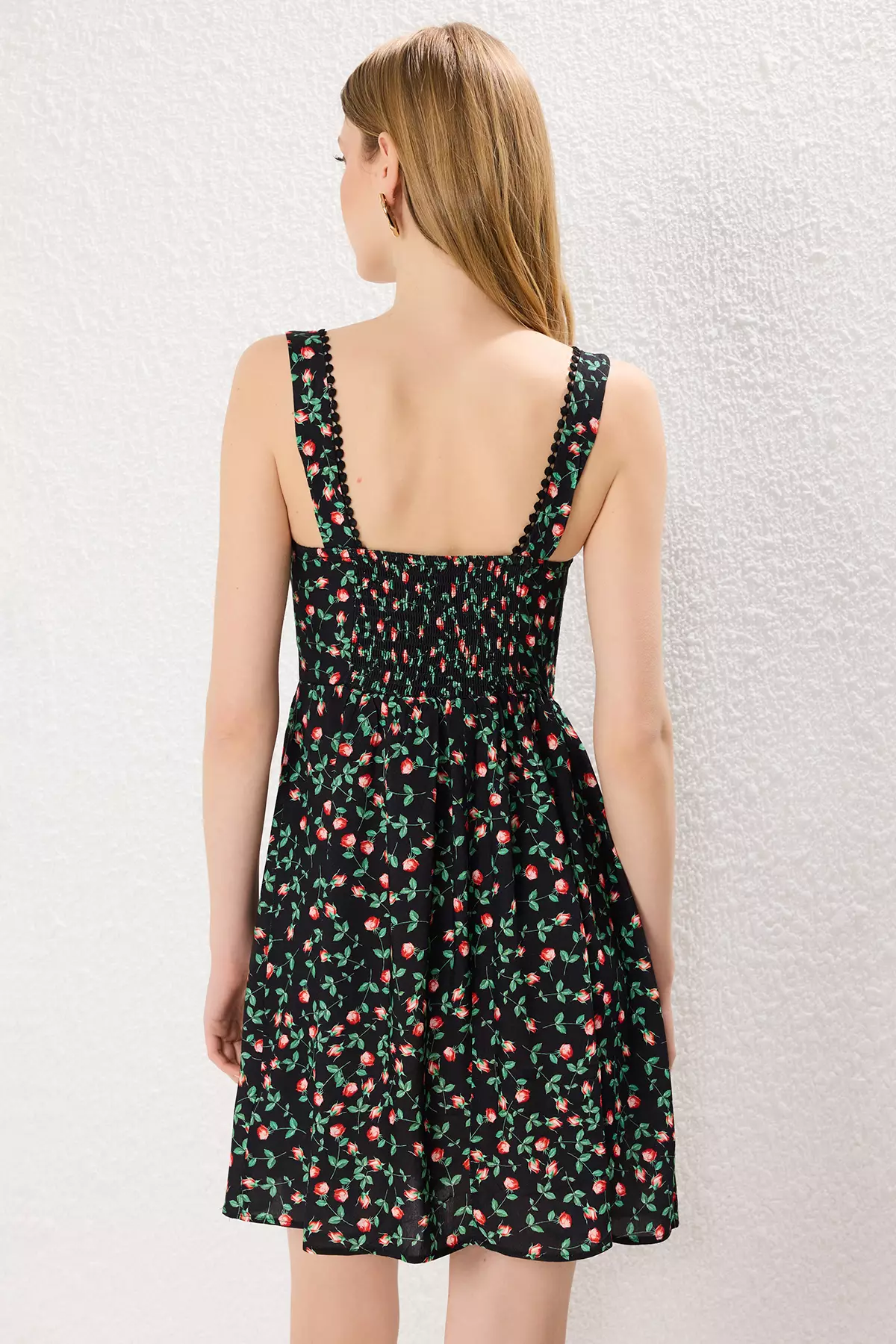 Black Floral Mini Woven Dress with Open Waist and Hooked Skirt TWOSS25EL00419