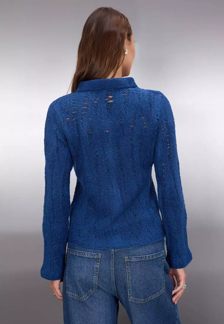 Indigo Fitted/Body-Smoothing Boucle Yarn Knitwear Cardigan Twoaw26Hi00192