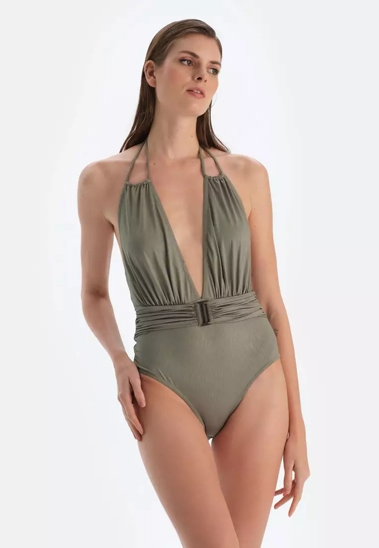 Khaki Swimsuit, Halter Neck, Removable Padding, Non-wired, Swimwear for Women