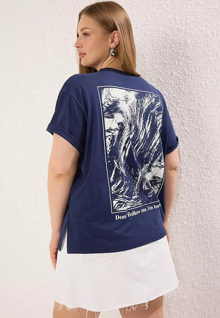 Navy Blue Back Printed Large Size T-Shirt Tbbss25Bf00081