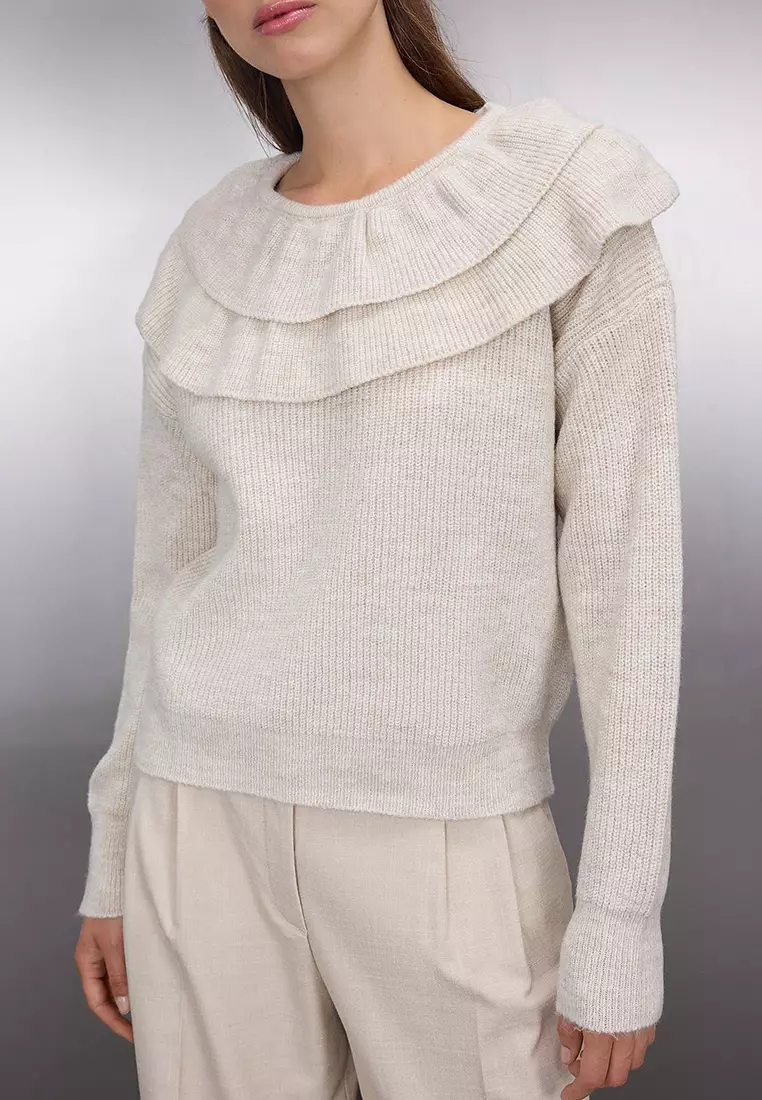 Stone Soft Texture Collar Ruffle Detailed Knitwear Sweater