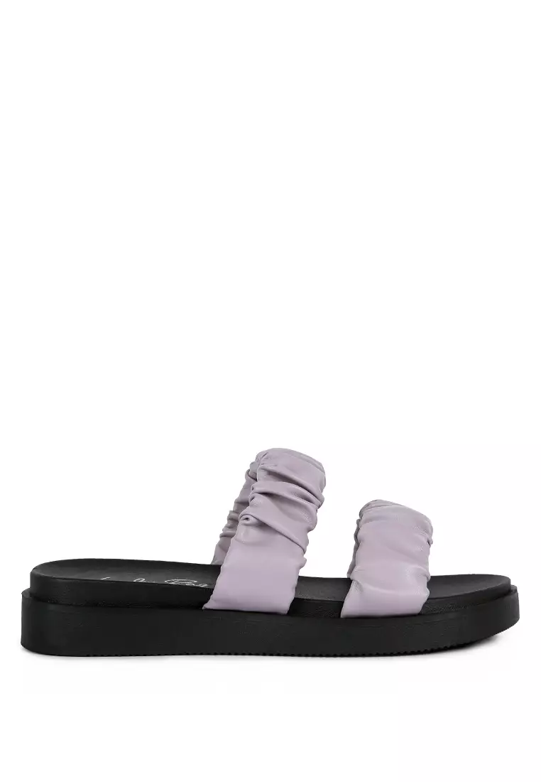 Purple Faux Leather Ruched Strap Platform Sandals