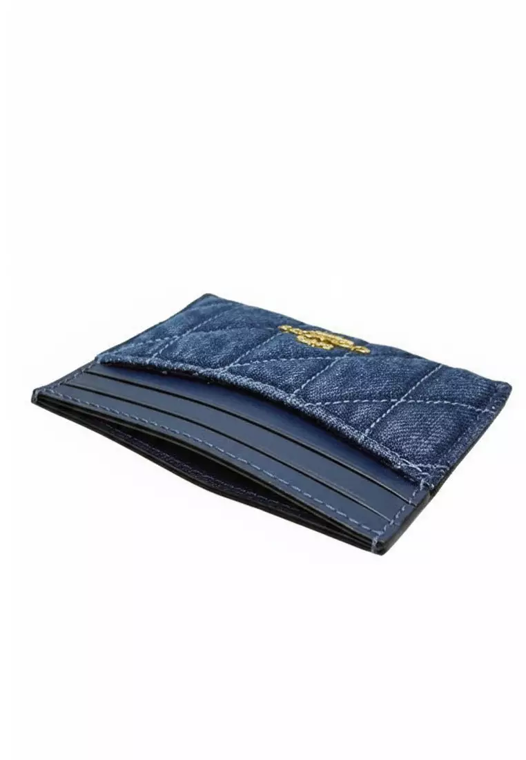 Slim ID Card Case In Regenerative Cotton With Quilting - Indigo Denim