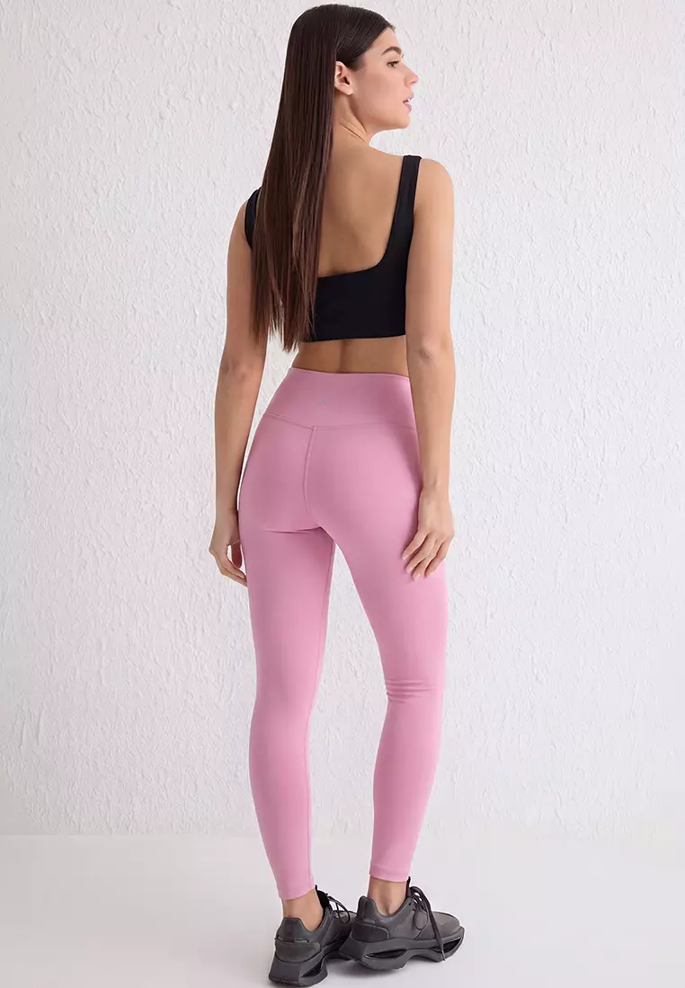 Pink Soft Brushed Fabric Reflector Print Detailed Full Length Knitted Sports Leggings Thmaw25Ty2