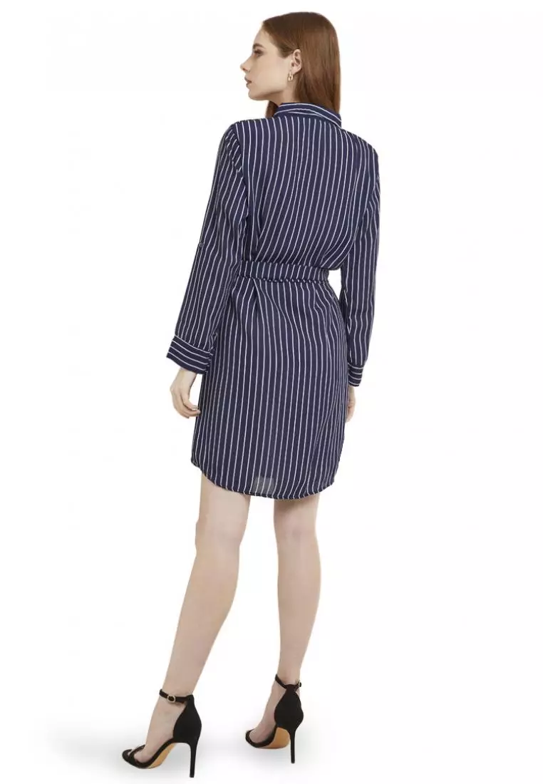 Mini Dress Salur Lengan Panjang Self Tie Belt Wanita - Navy