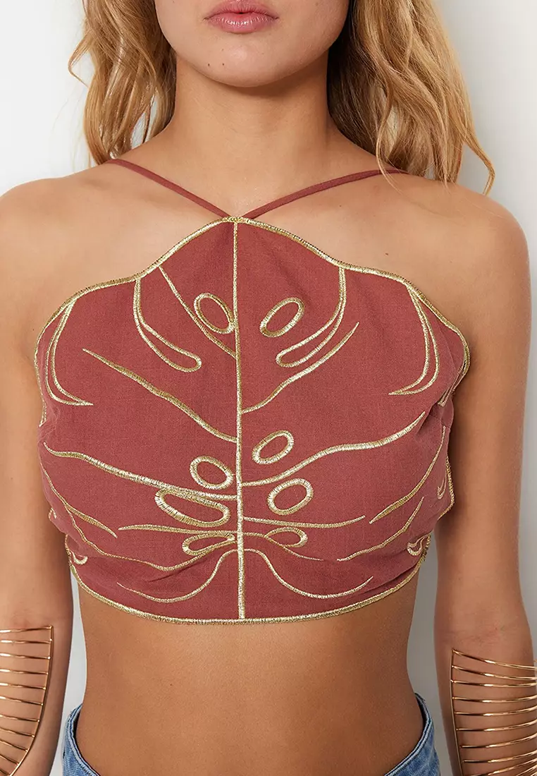 Wrap Embroidery Halter Neck Top