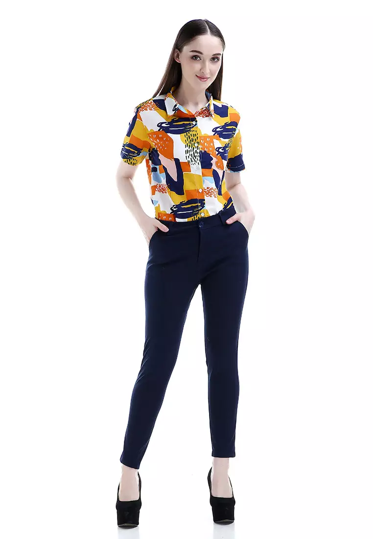 Tinsley Celana Chino Bawahan Wanita Kasual Motif Solid Long Pants Woman - Navy