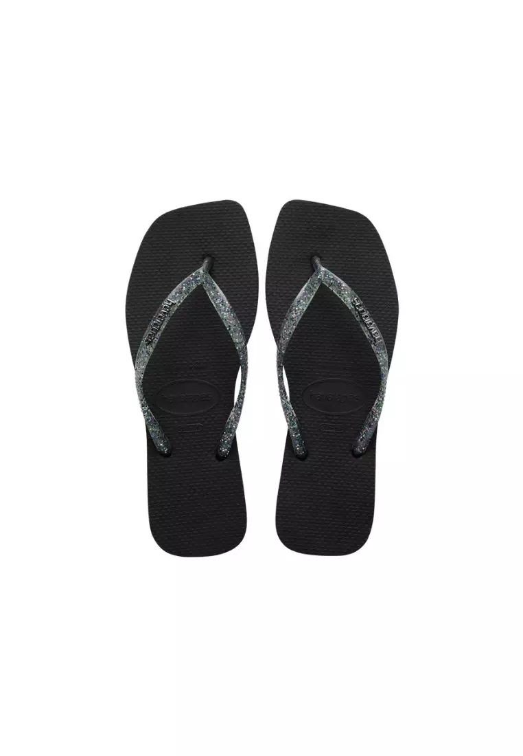 Women Slim Square Logo Metallic Flip Flops - Black
