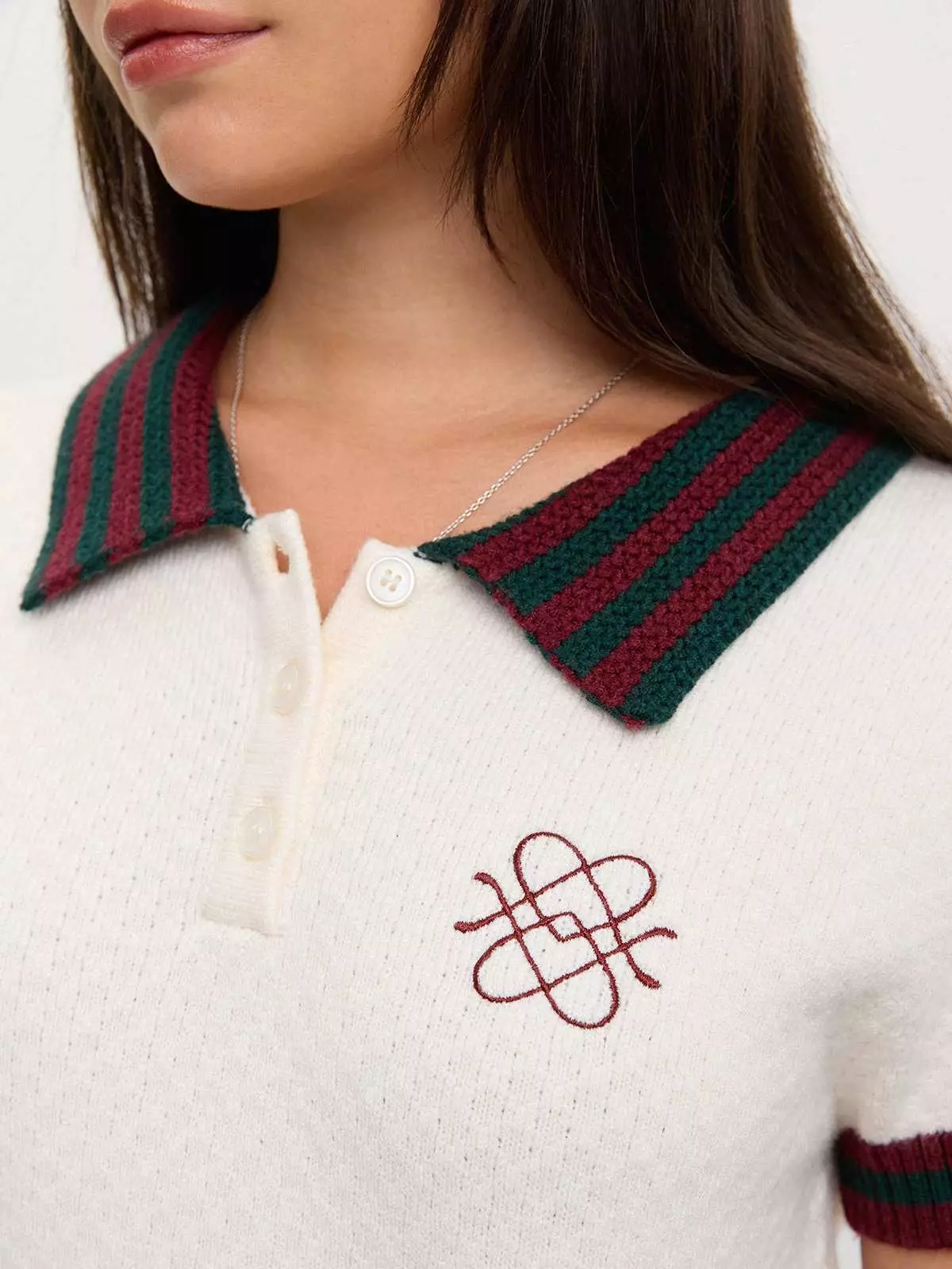 Pomelo - Top Wanita - Contrast Trim Knitted Polo Top - Ivory