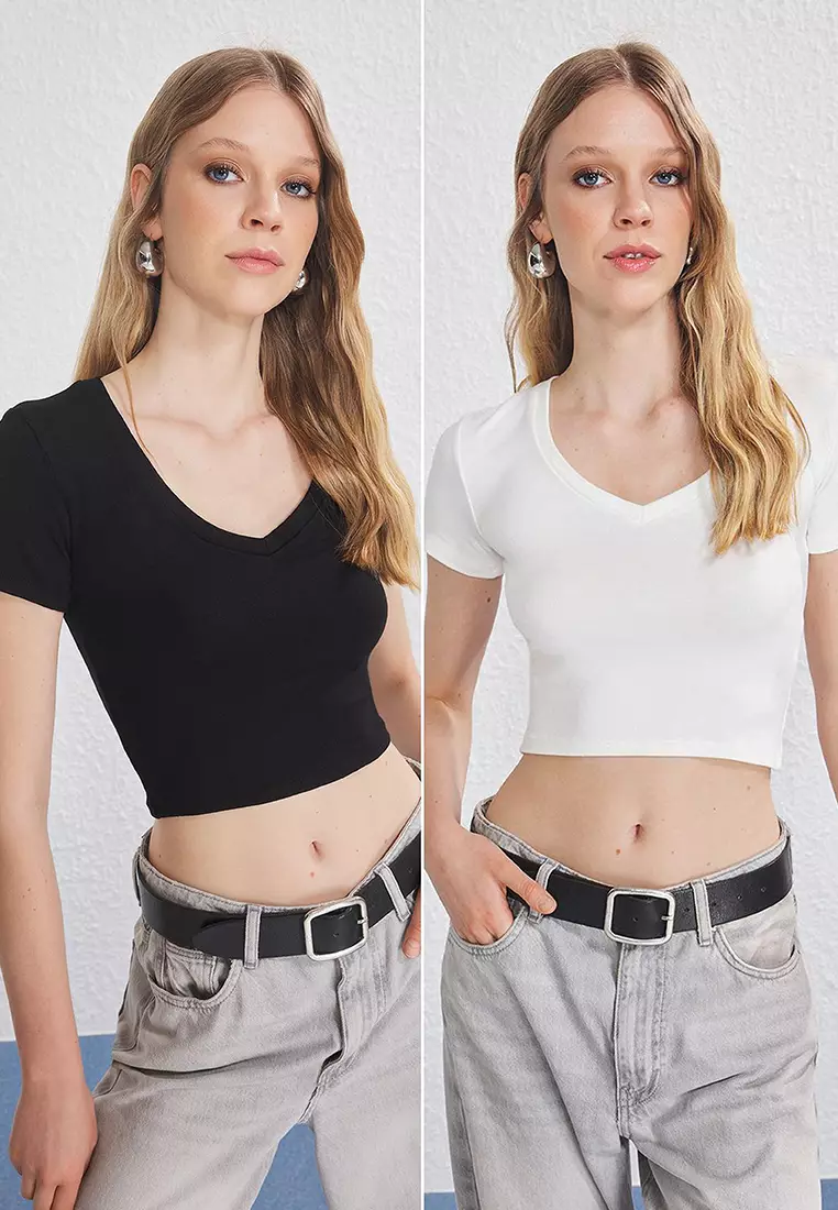 Black-White 2-Pack V-Neck Crop Flexible Knit Blouse Twoss25Bz00504