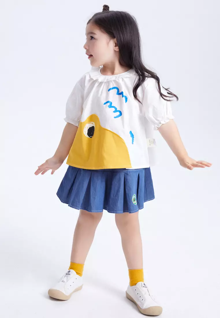 女小童短袖衬衫趣味青蛙贴布花边领口衬衣