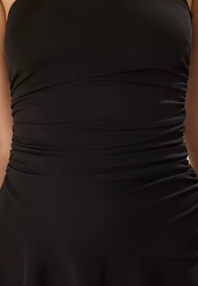 Black Plain Woven Sandy Mini Unlined Elegant Evening Dress Prom Dress TPRSS25EL00255