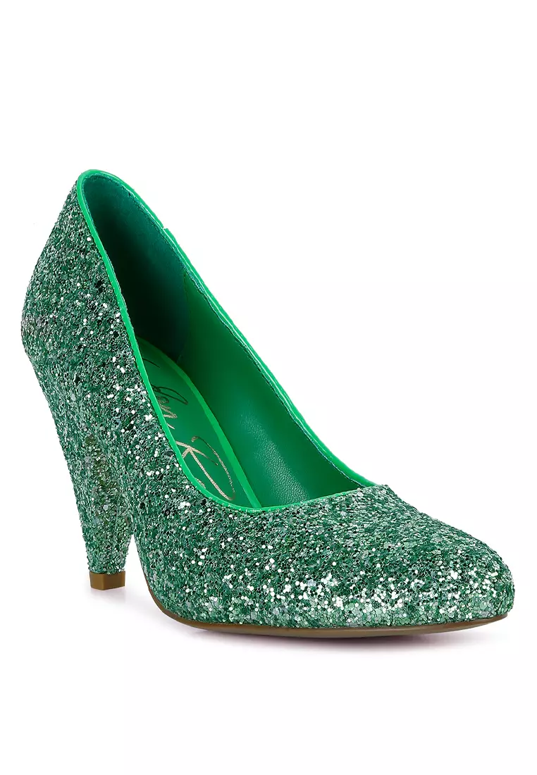 Green Glitter Conical Heel Pumps